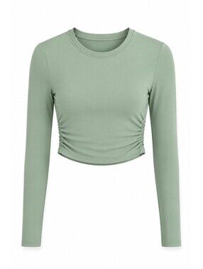 OQQ Mint Green Long Sleeve Crop Top Ruched Side Stretch Activewear Women's S